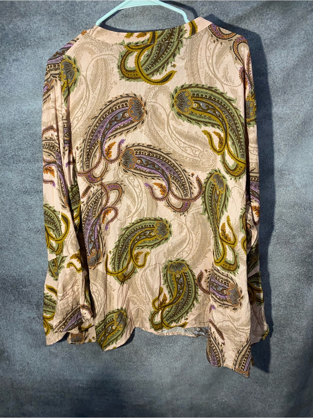 DR2 Womens Plus 3X Blouse Paisley Button Up Long Flare Sleeve Olive Beige Top - Picture 8 of 11